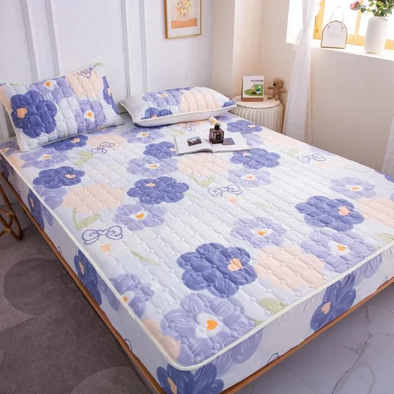 Thick Quilted Mattress Cover, Stitched Bed Linen, Printed Bedding, Large Non-Slip Bed Sheet, Dust Cover Without Pillowcase