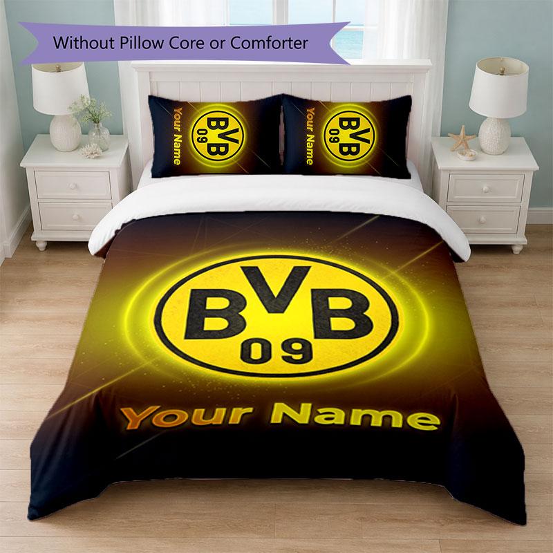 Set Biancheria da Letto Personalizzato Borussia Dortmund con Nome Testo 1 Copripiumino+2 Federe Logo Calcio Regalo Personalizzato per Occasioni Speciali Decorazione Camera da Letto