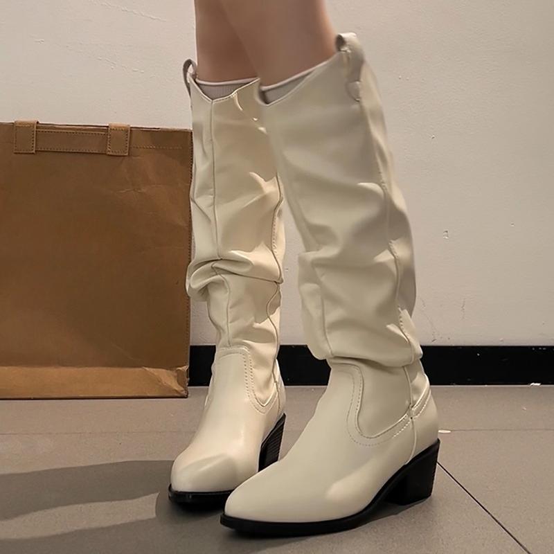Winter Cosy Soft Leather Pleated Women Western Cowboy Boots Fashion Thick Heels Party Shoes British Style Long Booties Shoes