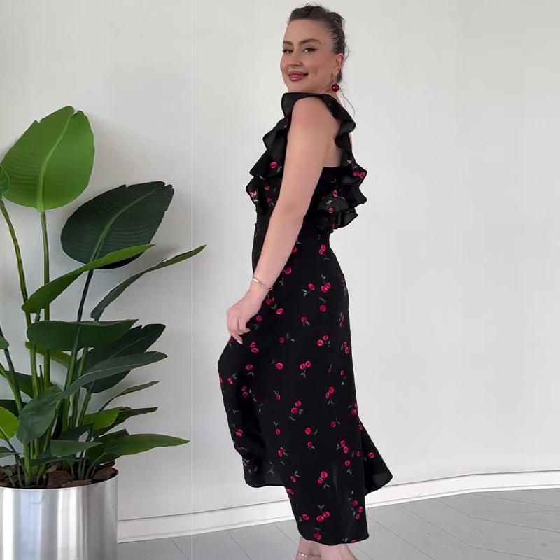 2024 Summer European & American Women's Sweet & Spicy Ruffle Sleeve Fruit Print Dress