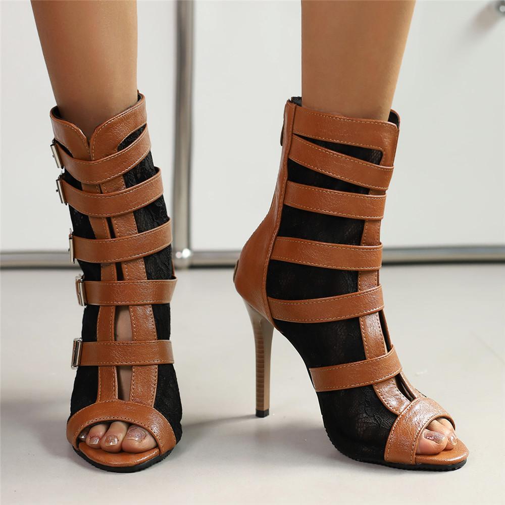 Fashion Peep Toe Summer Shoes Woman Sandals Hollow Lace mesh Gladiator Ankle Boots Zip Thin High Heels Jazz Dance Shoes Female Size34-48