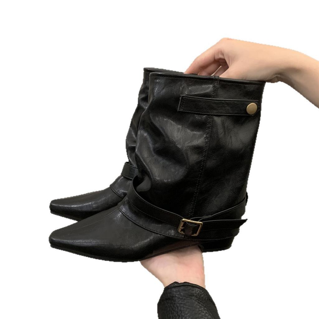 Autumn Square Heel Belt Buckle Knight Boots Women's Short Boots Skinny Daily New Short Boots Women's Black