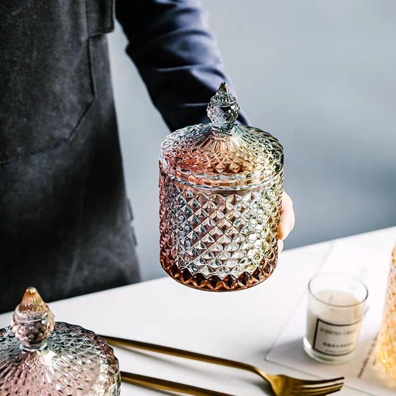 Light Luxury Glass Candy Jar with Lid Colorful Candy Storage Bottle Retro Candy Nut Storage Container Tabletop Craft Decoration