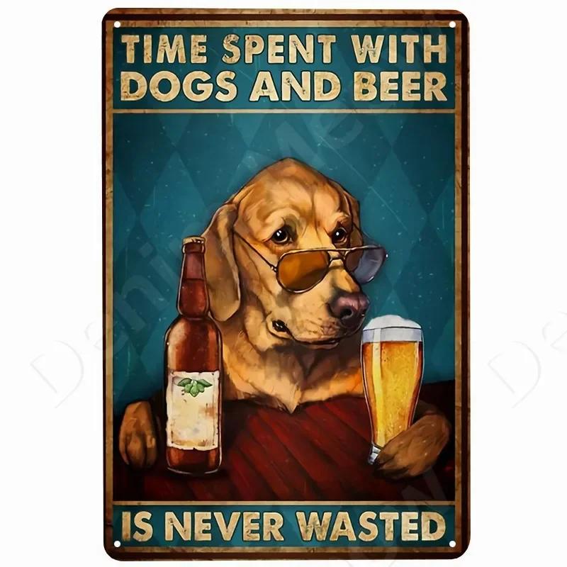 Cats and Wine Vintage Metal Sign Dog and Beer Wall Decoration for Bar Home Club Let Evening Be-Gin Tin Poster Funny Plate