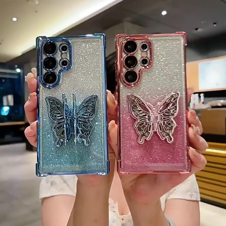 Military-Grade Shockproof Case for Samsung S25 S24 S23 S22 S21 Ultra with Butterfly Kickstand, Sparkling Phone Case for Samsung A17 A36 A07 A56 A55