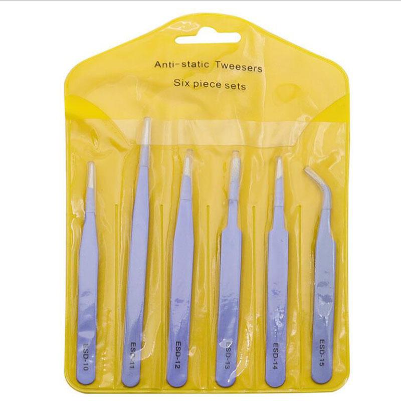 Stainless Steel ESD Multi-colored Tweezers Set, 6 Non-magnetic Precision Tweezers with Straight, Elbow, Flat and Pointed Tips