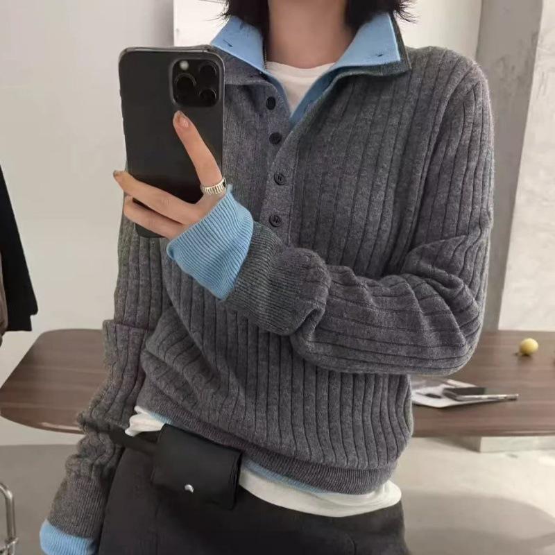 2024 Winter Double-Layer Stand Collar Color Block Wool Knit Shirt with Inner Collar