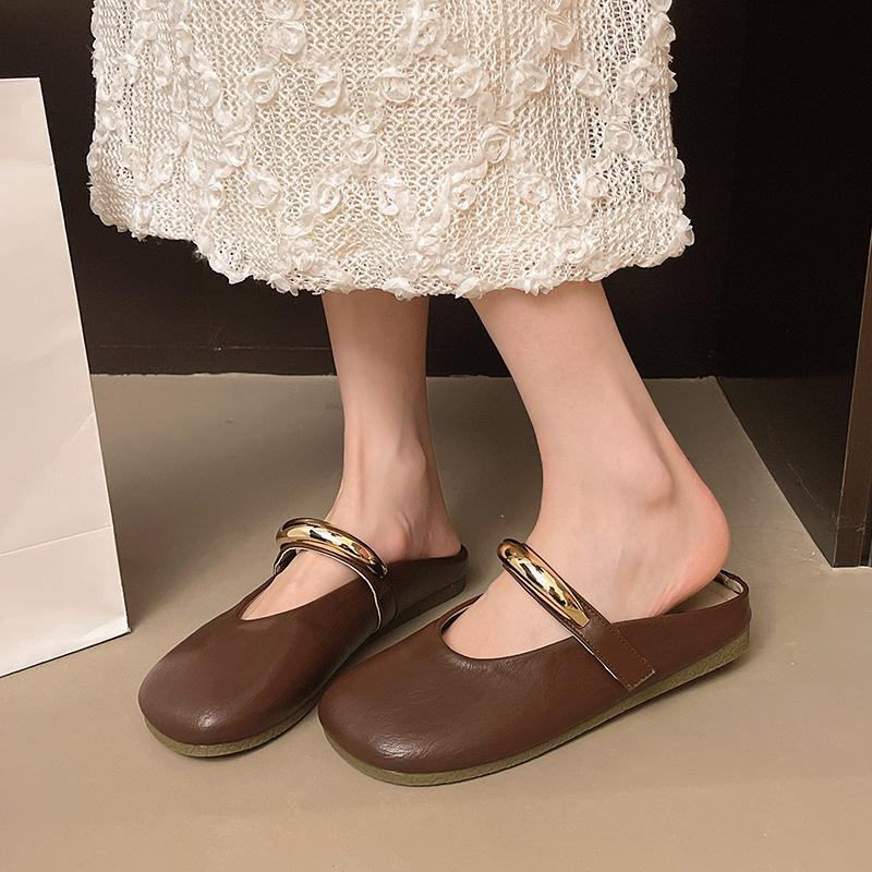 French bag head half drag single shoes women's 2025 spring and summer new metal buckle flat bottom one pedal lazy Mary Jane sandals