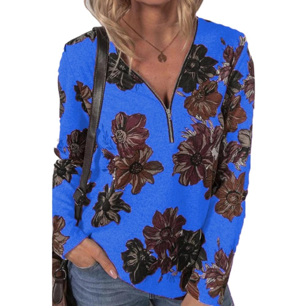 HNXC Women's Fashion Casual Autumn Winter Floral Print Long Sleeve Zip Collar Blouses & Shirts