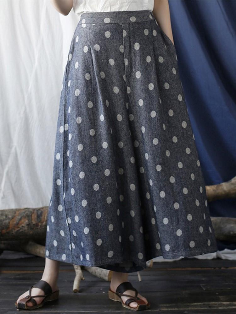 

Johnature Жіночі повсякденні широкі брюки в горошок на еластичній талії Вільні весняні вінтажні жіночі штани з бавовни та льону One Size темно-сірий колір