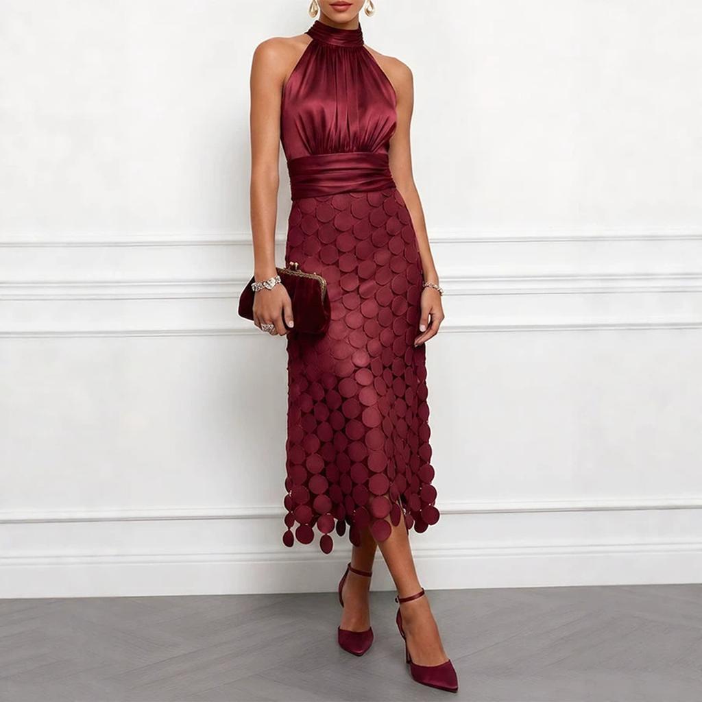 Abito senza maniche con scollo all'americana Top in raso con sovrapposizione di paillettes circolari Gonna midi Abito casual per le vacanze per donna