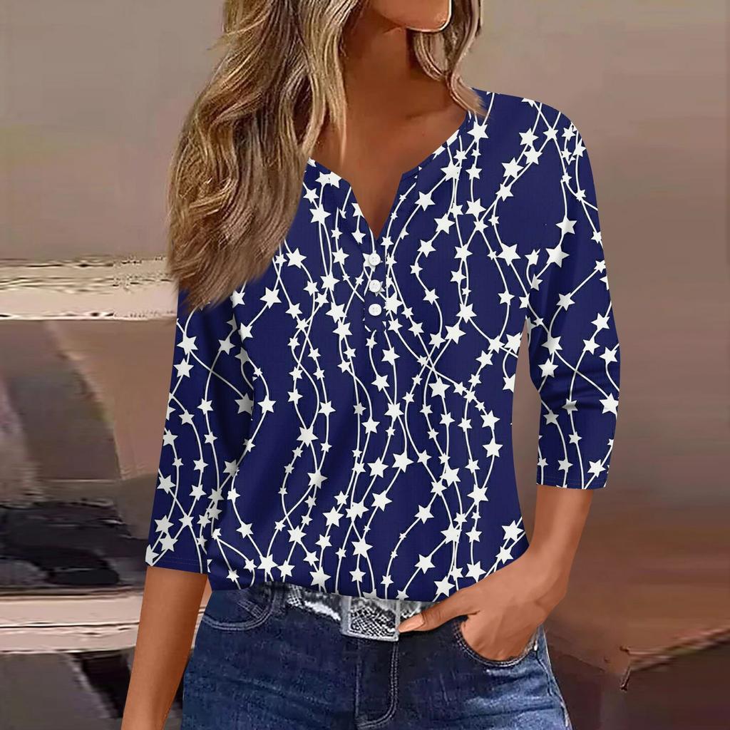 3/4 Length Sleeve Womens Tops Print Vintage Fashion Casual Loose With V Neck Plus Size Shirts Independence Day