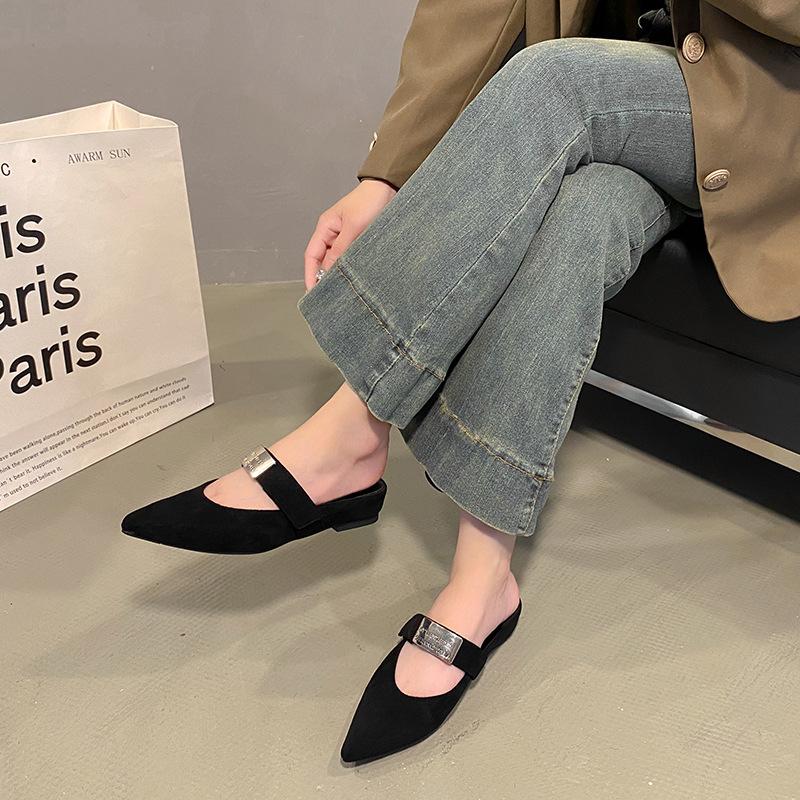 French pointed toe bag head half slippers women's 2025 autumn new wear thick heel versatile slippers temperament fashion shoes