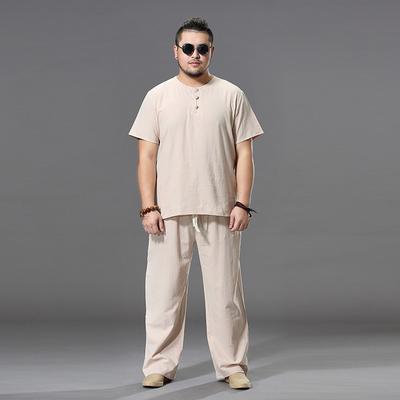 Plus Size Mens Linen Two Piece Set Chinese Style Summer Outfit Short Sleeve T-shirt and Loose Pants Casual Set