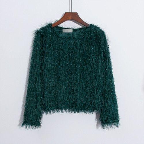 

Пуловер Топ з бахромою Осінньо-зимовий вільний круглий виріз Яскравий шовк Футболка з довгими рукавами Нижня сорочка One Size