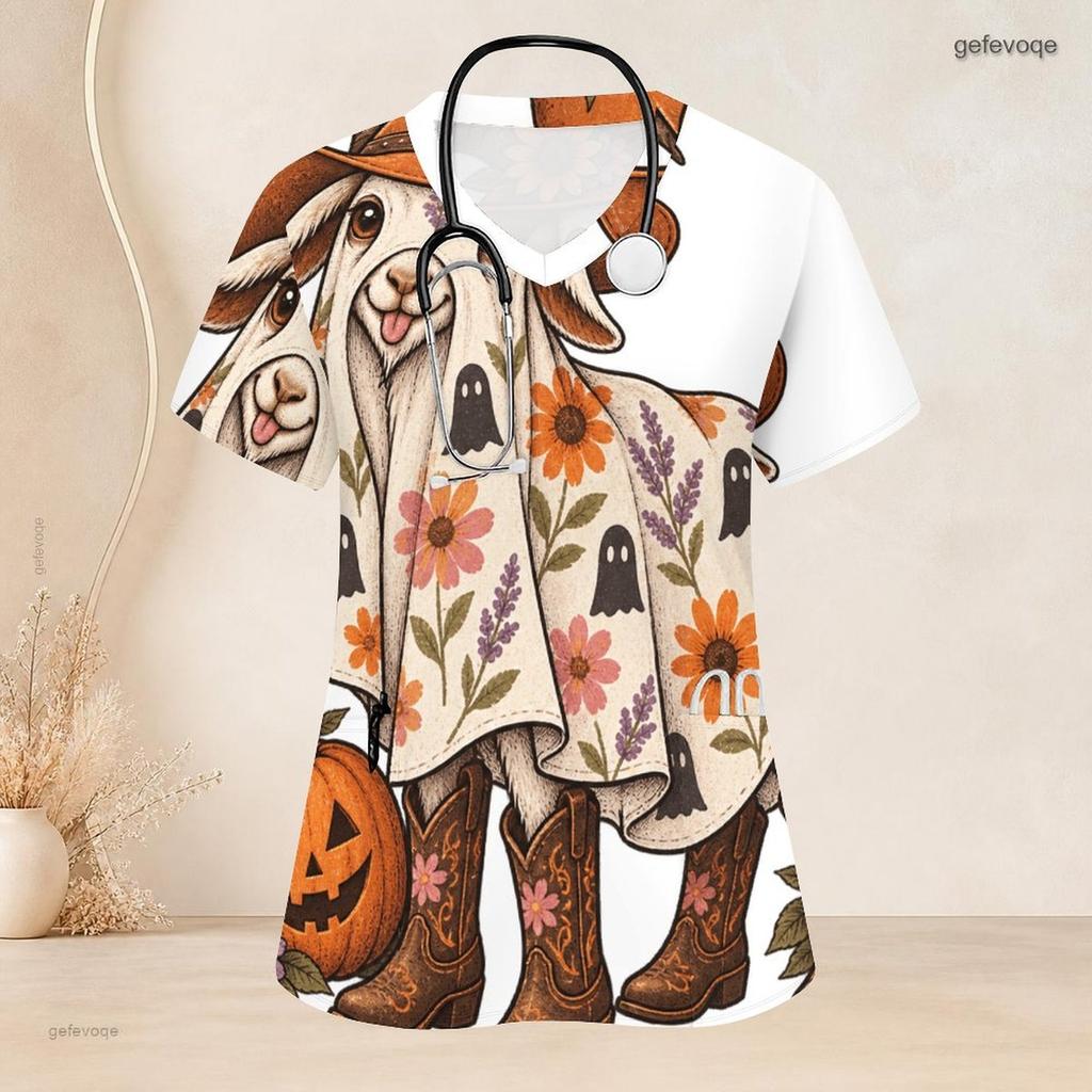 Women Plus Size V Neck Short Sleeve Scrub Top Cowboy Hat Pumpkin Sunflower Cactus Halloween Print Nurse Uniform Top