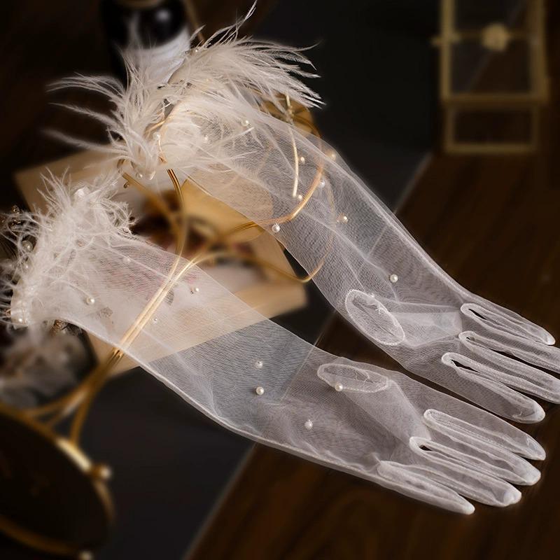 Luxury Pearl Flower Mesh Gloves for Brides - Elegant Wedding and Evening Dress Accessories