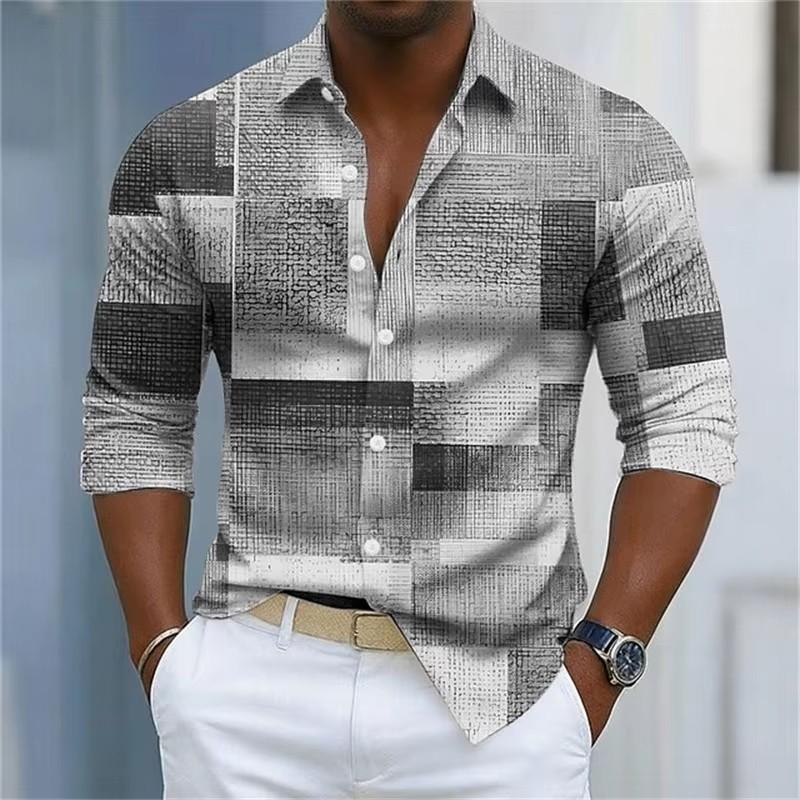 Autumn Winter New Men Casual Long Sleeve 3D Digital Print Lattice Long Sleeve Shirt