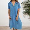 Women's Fashionable Solid Color V Neck Short Sleeved Button Loose Pullover Shirt Dress