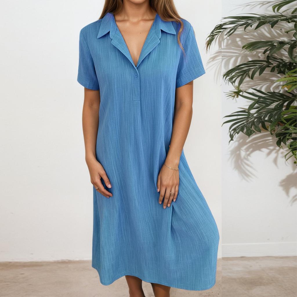 Women's Fashionable Solid Color V Neck Short Sleeved Button Loose Pullover Shirt Dress