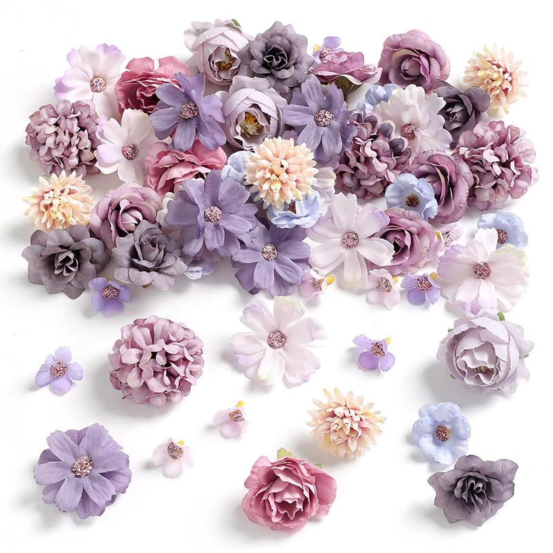 50/90Pcs Mini Random Artificial Silk Flower Heads For Home Room Decoration Fake Rose Peony DIY Wreath Mother's Day Wedding Decor