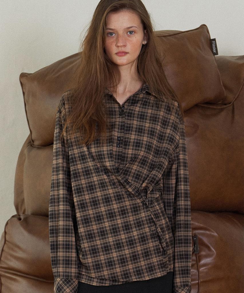 Hauseuobeupondeu Plaid Check Cross Button Shirt_Pink Black