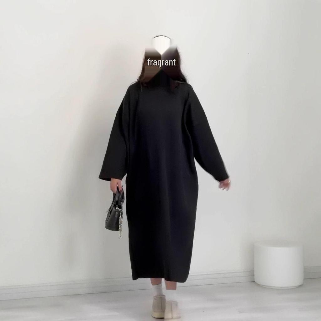 2025 Autumn European & American Women's Casual Round Neck Bell Sleeve Knitted Long Sweater Dress