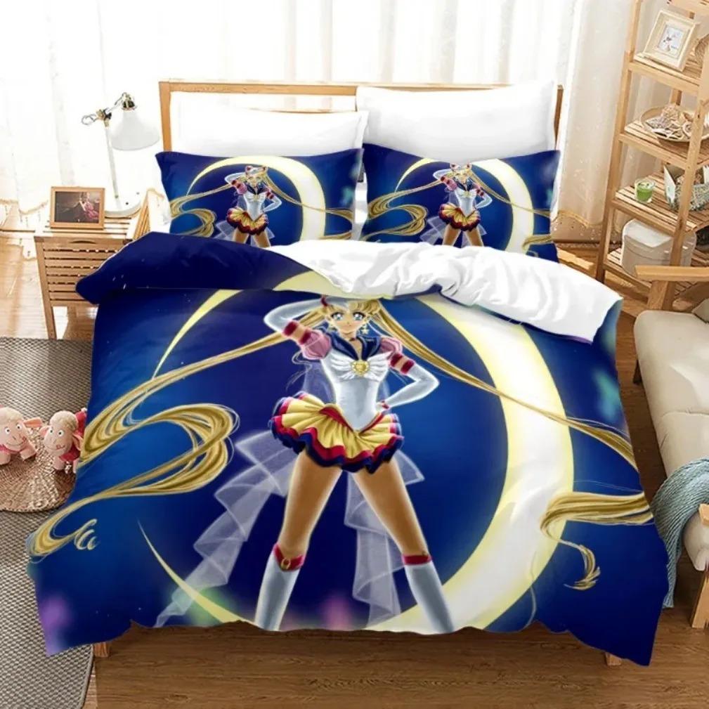 Set de lenjerie de pat Anime S-Sailor & M-Moon, Husă de plapumă, Plapumă, Set de pat, Husă de pilotă, Față de pernă, Mărime King, Queen, Twin, Băieți, Fete, Adulți