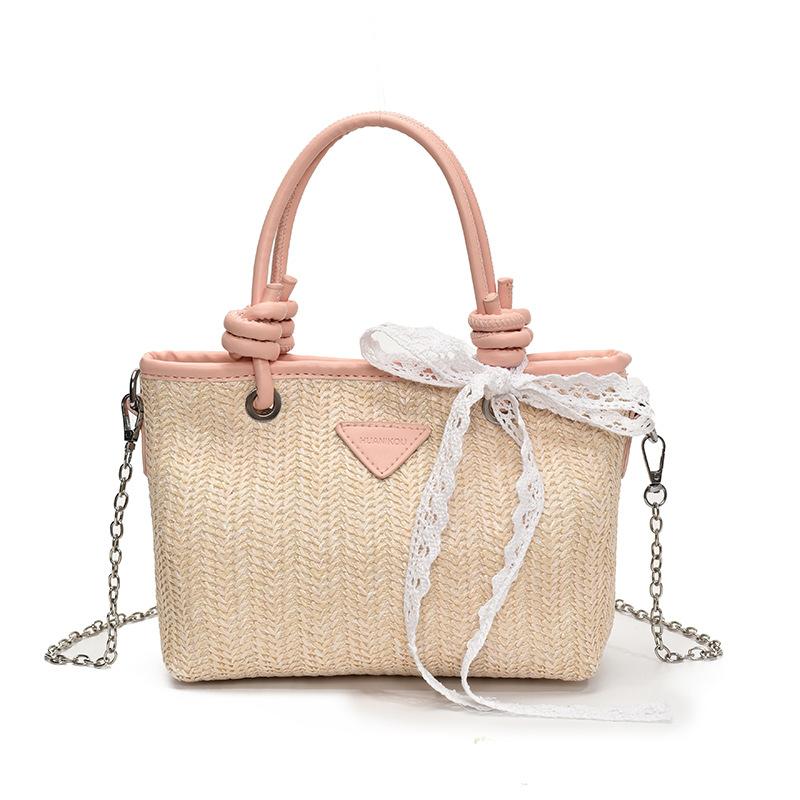 Foreign Style Contrasting Colors Straw Weaving High-end Sense Portable Bucket Bag Temperament Casual Gentle Wind Chain Messenger Bag Woman