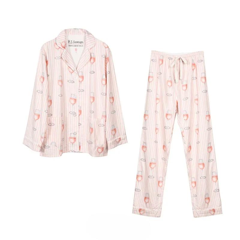 Women's Cotton Pyjama Suit Long Sleeve Single Breasted Ladies Sleepwear 2 Pcs with Pants Comfortable Pockets Pijamas Feminino