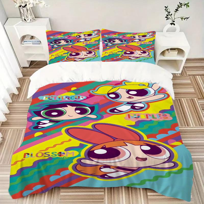 Σετ Κλινοσκεπασμάτων 3 Τεμαχίων Powerpuff Girls Adventure Print με Κάλυμμα Παπλώματος και 2 Μαξιλαροθήκες Οικιακό Δώρο Γενεθλίων
