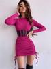 Mesh Waist-Cinching Dress - European & American Style, Spring/Summer Fashion, Round Neck, Sexy Long Sleeve, Ruffled Mini Skirt.