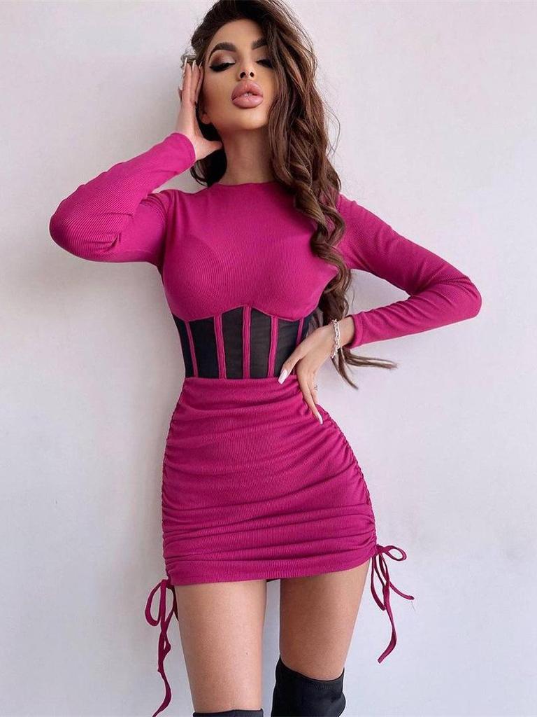 Mesh Waist-Cinching Dress - European & American Style, Spring/Summer Fashion, Round Neck, Sexy Long Sleeve, Ruffled Mini Skirt.