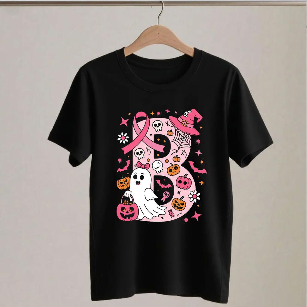 Breast Cancer Awareness Ghost Pink Ribbon Patchwork Halloween Hope Strength Faith Spooky Graphic T Shirts for WoUINISEX Harajuku