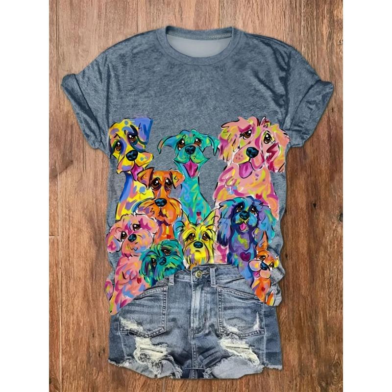 Fashionable and creative colorful cartoon dog pattern round neck short sleeved women s T-shirt S