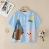 Women Casual Doll Collar Summer Short Sleeve Print Blouse