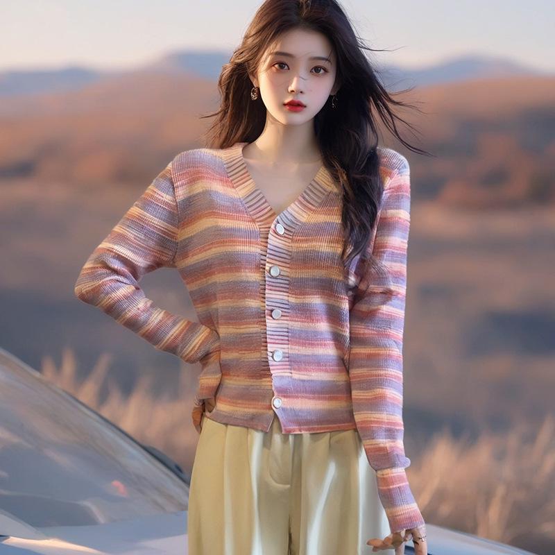 2025 Autumn Women's Rainbow Stripe V-Neck Cardigan Sweater