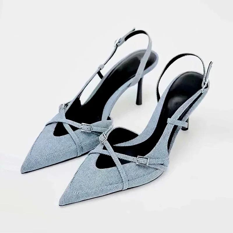 

Sexy Pointed Toe High Heel Sandals for Lady Blue Denim Stilettos Fashion Buckle Strap Elegant Women s Shoes Summer Footwear 37 небо синє кольору