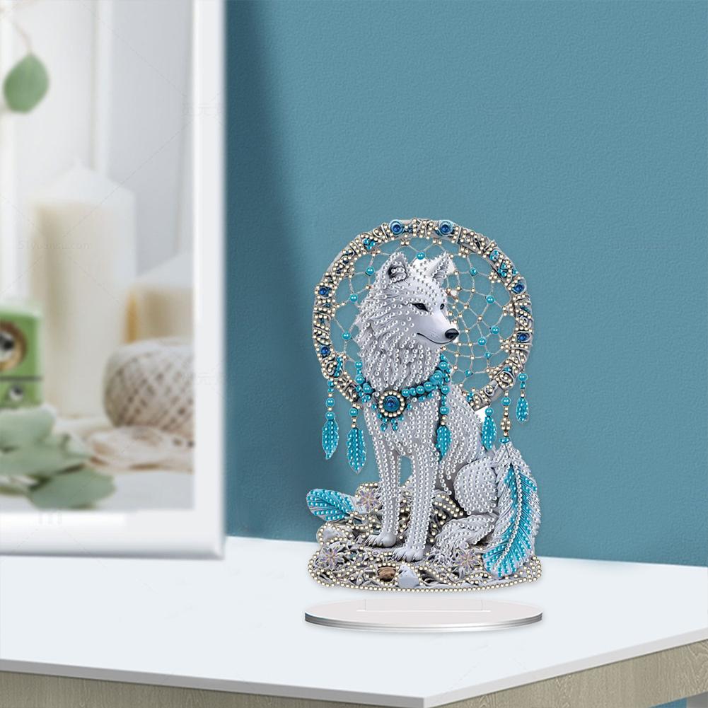 2D Flat Wolf Dreamcatcher Decor DIY Desktop Diamond Art Kits Animal Special Shaped Diamond Painting Craft Ornament for Home