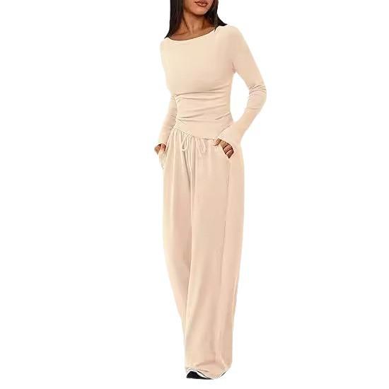 2025 Autumn Asymmetrical Long-Sleeve T-Shirt & Wide-Leg Pants Casual Loungewear Set