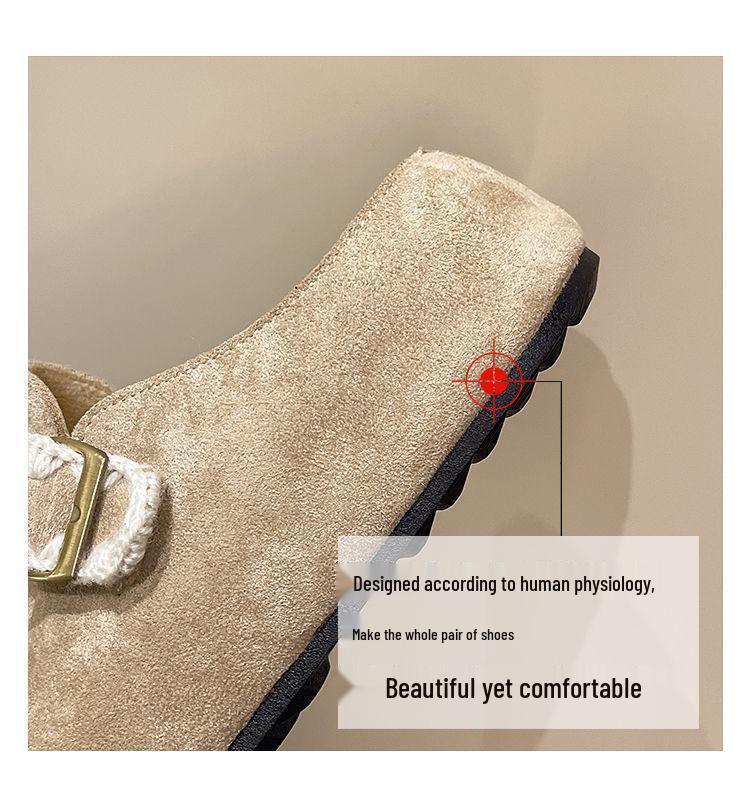 Thick-Soled Fleece-Lined Retro Birkenstock Women's Furry Round-Toe Slippers for Autumn/Winter