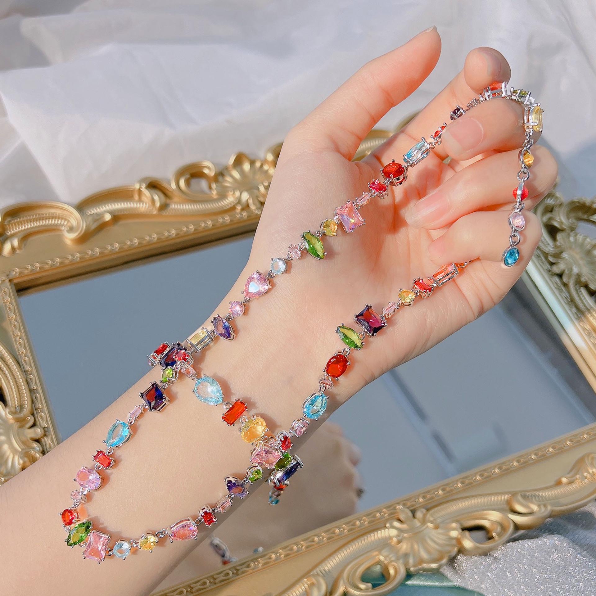 

Gemstone Rainbow Jewelry Set: Square Crystal Candy Bracelet, Necklace, Earrings in Niche Light Luxury Design