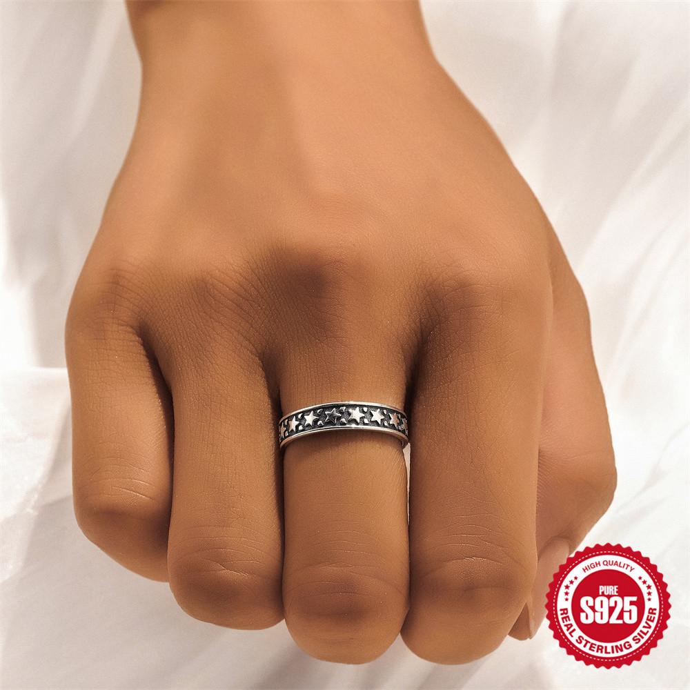 925 Sterling Silver Thai Silver Style Retro Fashion Old Ring Women'S Personality Trend Sun Moon Ring Simple