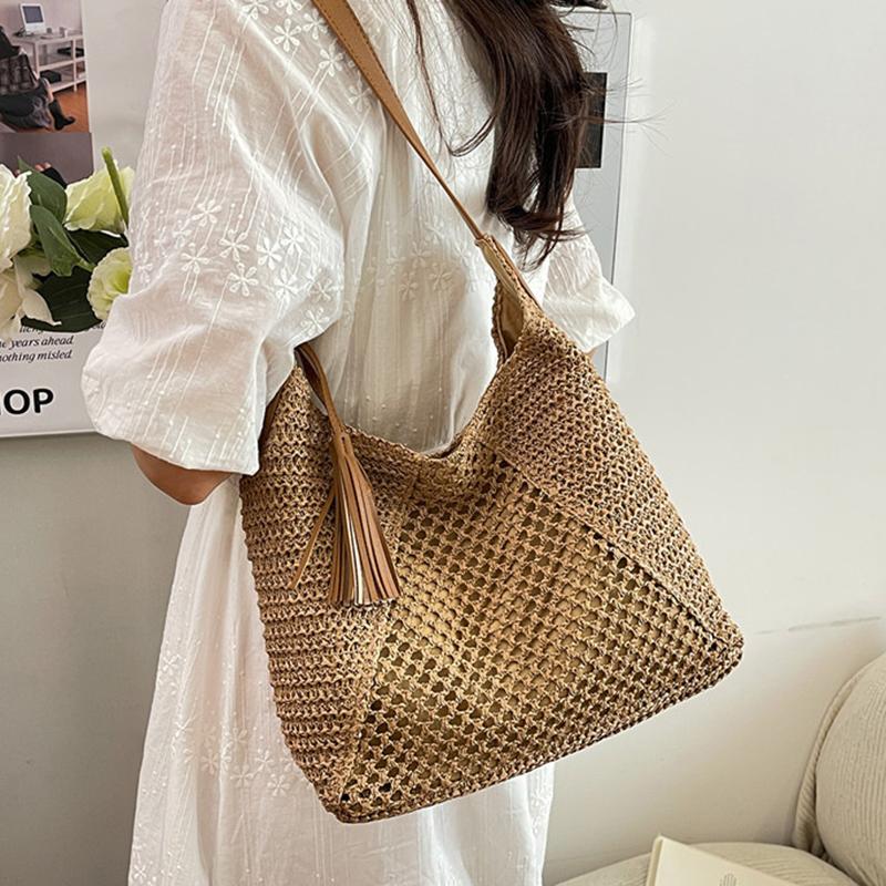 Yogodlns Borsa in Paglia Intrecciata Versatile da Appendere Estiva alla Moda con Lavorazione a Intreccio Vuota Borsa da Spiaggia in Erba Intrecciata a Mano Borsa a Spalla Singola da Donna