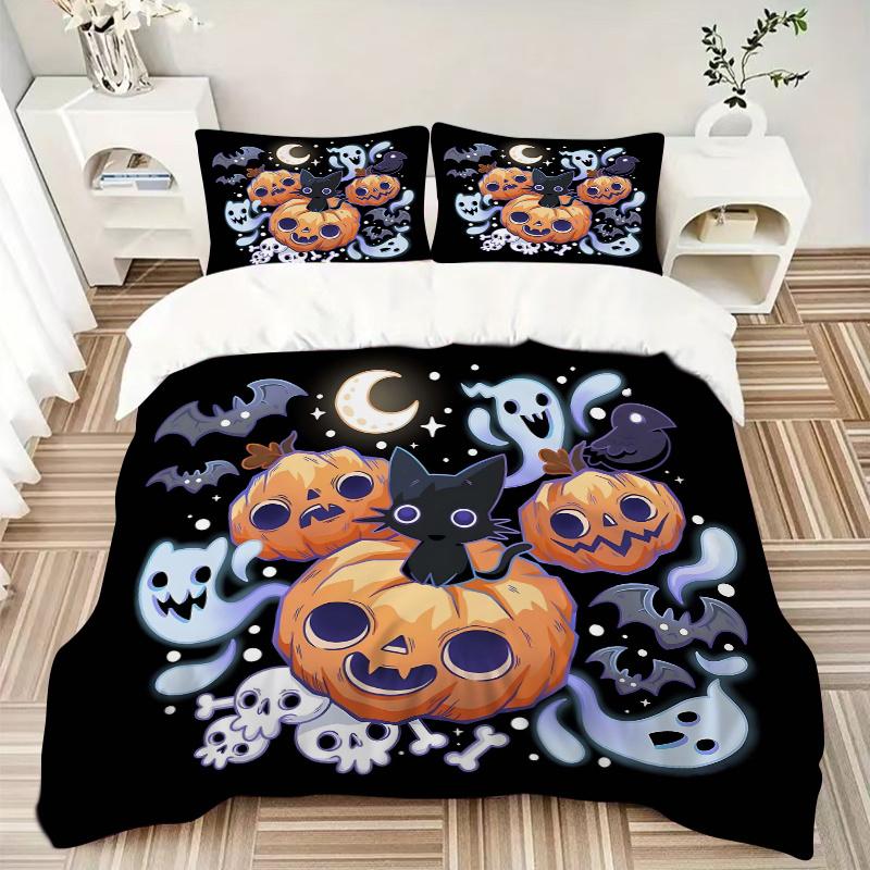 3pcs Halloween Theme Cat & Pumpkin Bedding Set - Includes 1 Quilt Cover and 2 Pillowcases, Comfortable Bedding with Stylish Design for Bedro