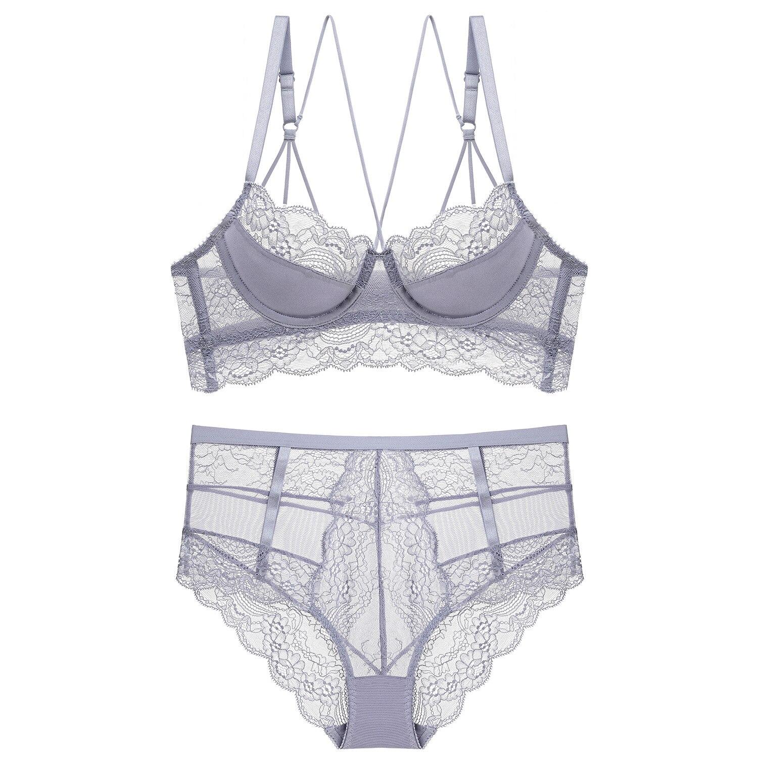 

Французский ультратонкий сексуальный кружевной комплект с бюстгальтером, женское полое черное нижнее белье, плюс размер, чашка CD, бюстгальтер без косточек, комплект трусиков с высокой талией 80D серый
