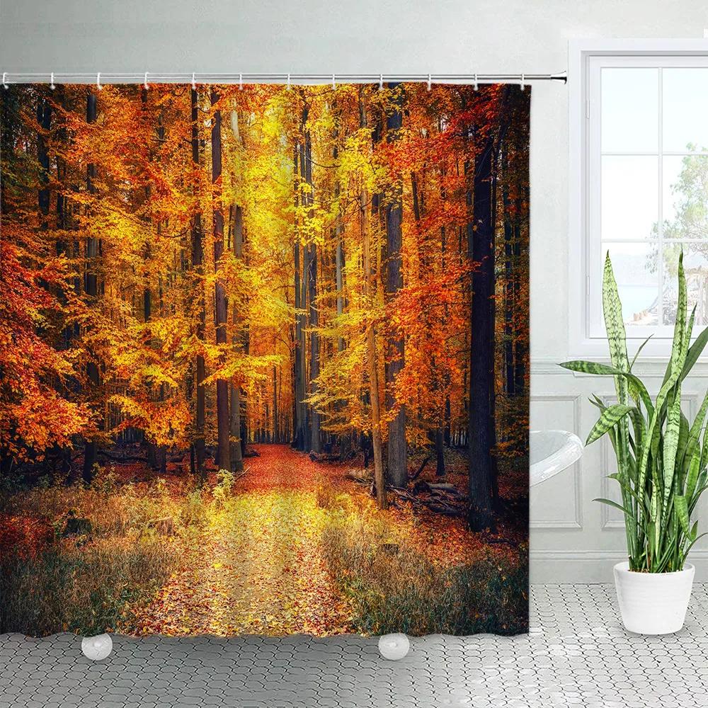 Autumn Forest Landscape Shower Curtain Maple Trees Road Plants Fallen Leaves Rural Scenery Wall Hanging Bathroom Decor Curtain
