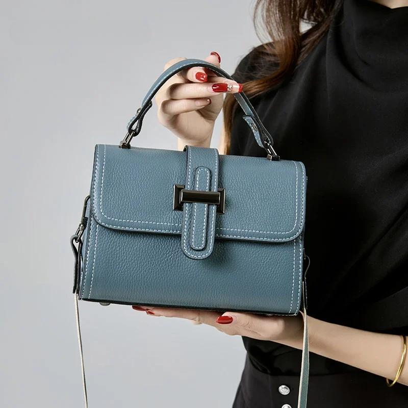 Genuine Cowhide Top Handle Bag for Women Simple Fashion Envelope Style Luxury Designer Small Crossbody Shoulder Bag