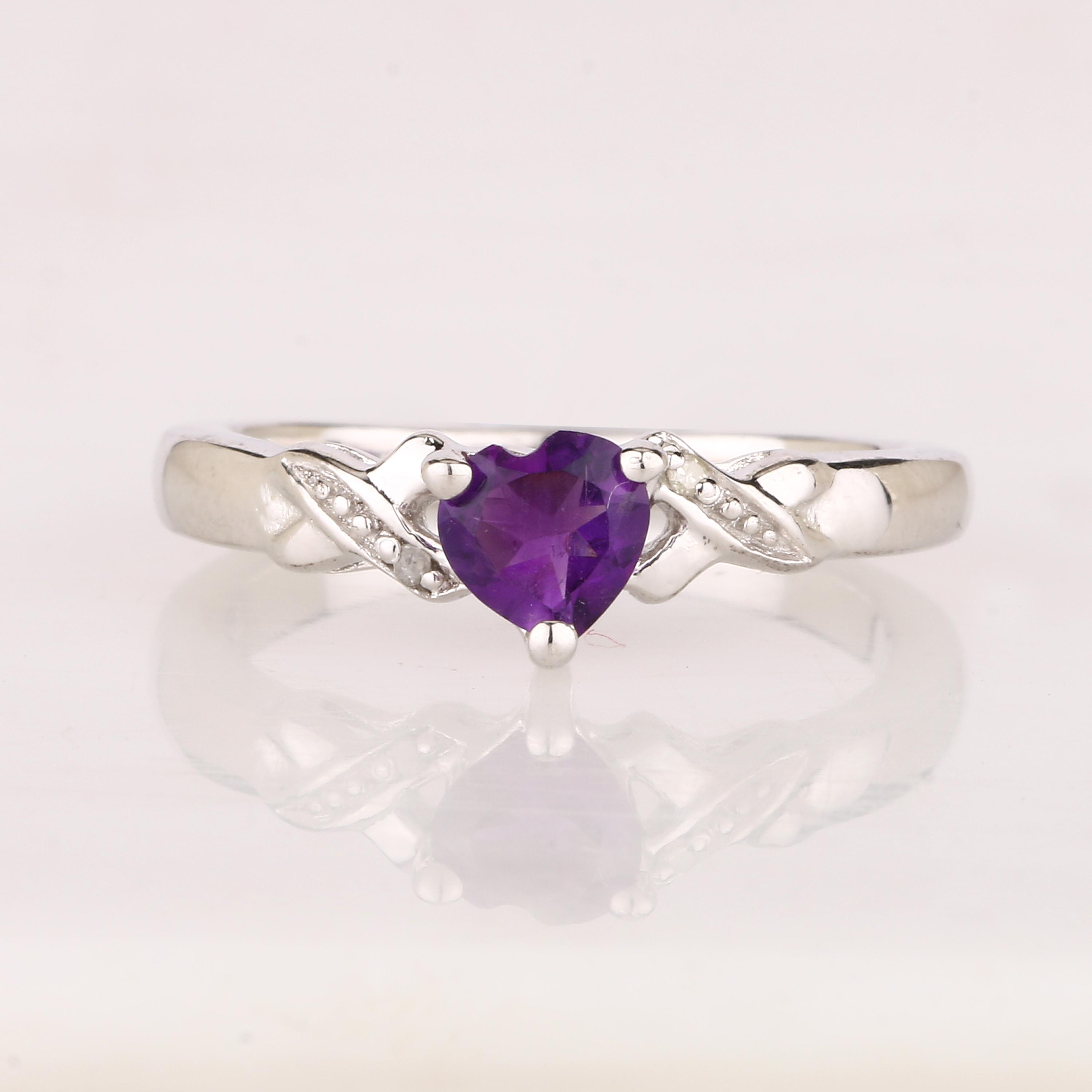 

925 Sterling Silver Amethyst Heart Ring Diamond Accent Rhodium Plated Purple Gemstone Women Jewelry Size 4 4 аметист