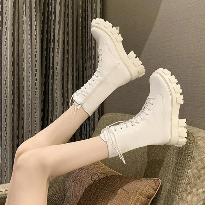 Mid Calf Boots Lace-up Women's Boots Pu Leather Platform Boot Non-Slip Zipper Ankle Boots Fashion Chunky Heel Women Shoes